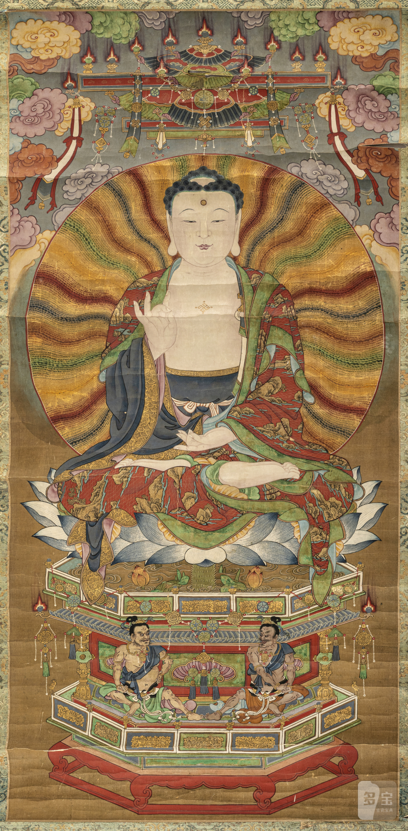 A Buddhist painting depicting Buddha Shakyamuni on a lotus throne - 图1